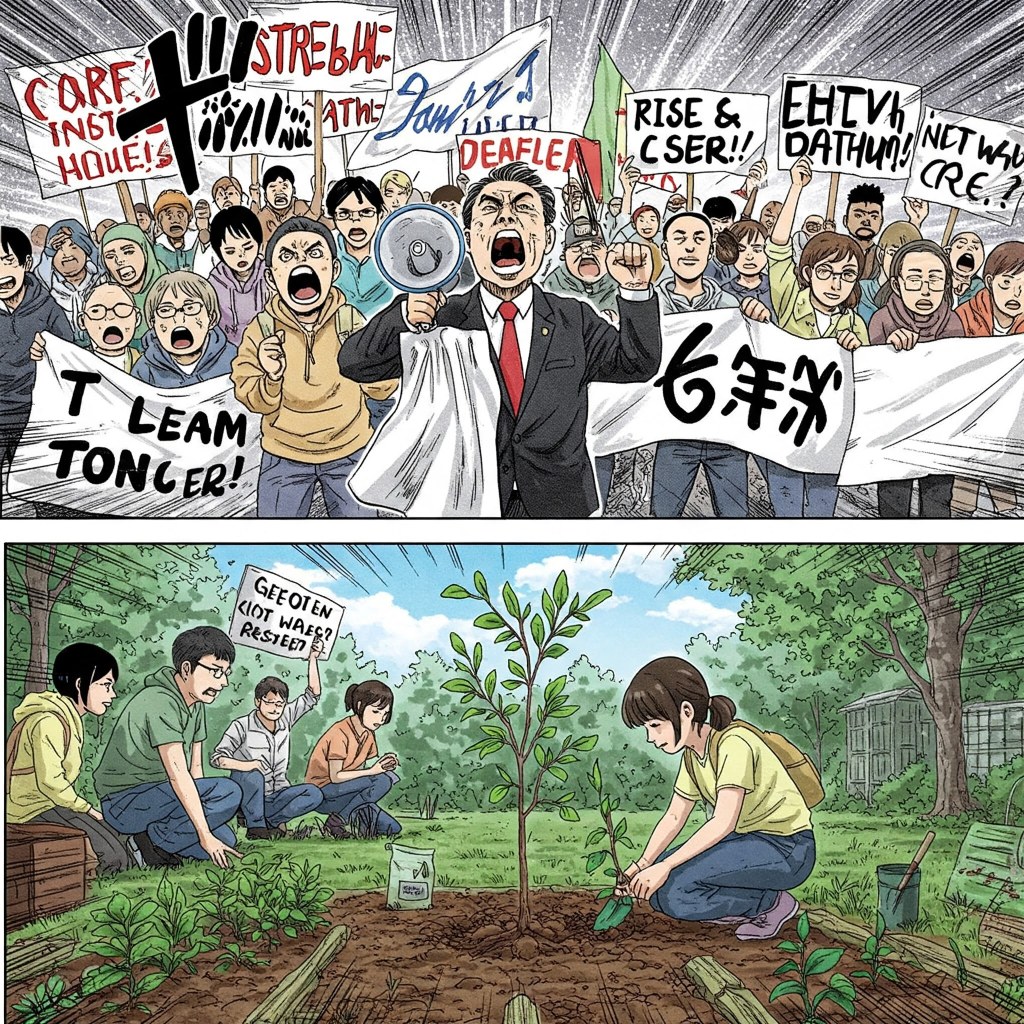 L'auteur explore la difficulté du véritable militantisme, soulignant l'écart fréquent entre les discours et les actions des activistes. Il critique les politiques qui prônent des valeurs qu'ils ne respectent pas eux-mêmes et insiste sur l'importance d'incarner les idéaux militants dans la vie quotidienne, au-delà des manifestations et de la "propagande".